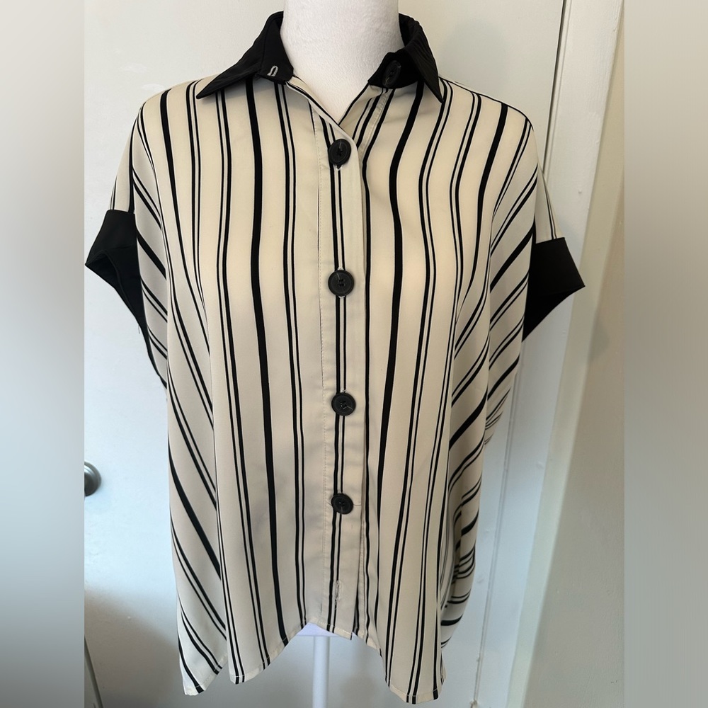 Chiffon shirt. Buttoned down. Cream and black color. Large size.
